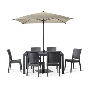 Canterbury 6 seater table and 6 side chairs with a plaza parasol in ecru