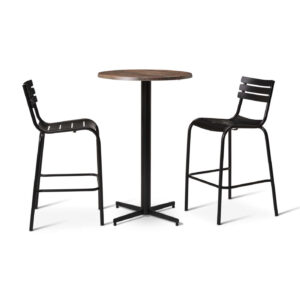 Malaga bar height base with werzalit round top and 2 Rio bar chairs