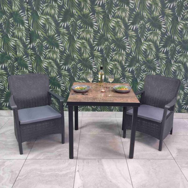 urban rust table with 2 Newbury armchairs