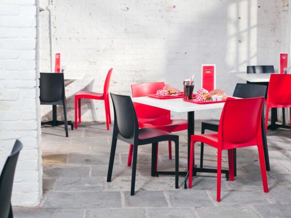 "Strata-Anthracite-Side-Chair-and-Strata-Red-Side-Chair-with-Madrid-Flip-Top-Dining-Height-Table-Base-and-800-Square-White-Werzalit-Table-Top-1.jpg"