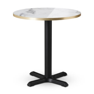 tuff top premium high gloss calacatta marble round top table on Phoenix Small Cruciform dining Base