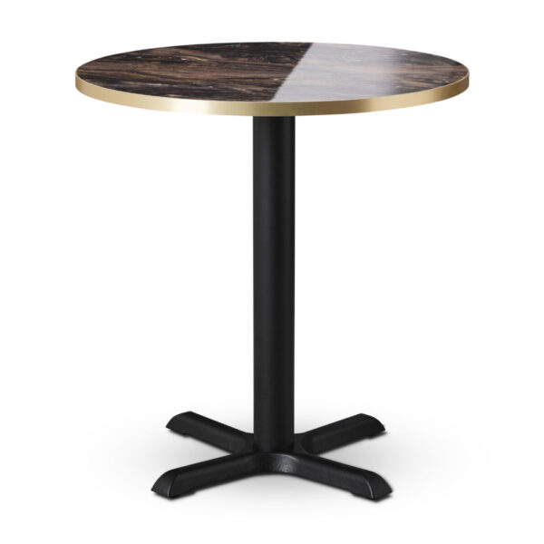 tuff top premium high gloss marbled cappuccino round top on Phoenix Small Cruciform dining Base
