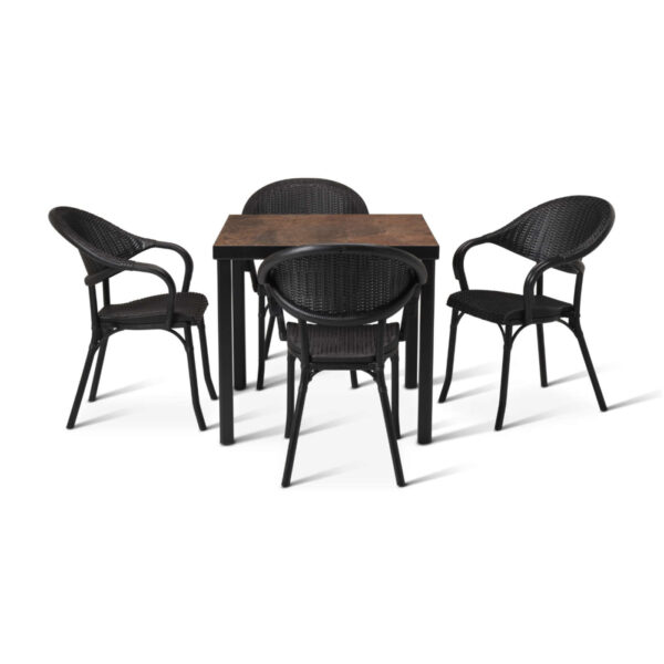 urban ceramic rust table with 4 Paris armchairs