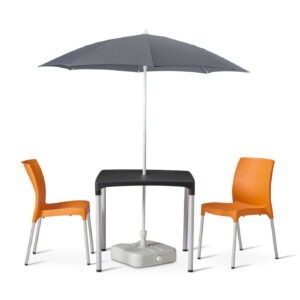 vibe table with grey parasol with white plastic base and 2 vibe orange chairs
