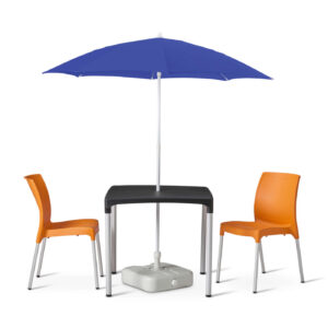 vibe table with royal blue parasol with white plastic base and 2 vibe orange chairs