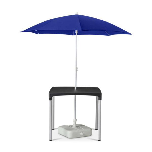 vibe table with royal blue parasol and white base