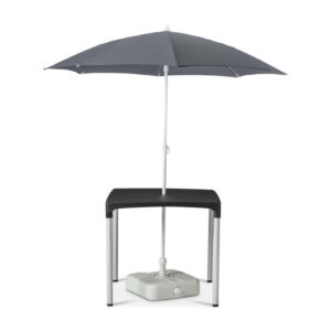 vibe table with grey parasol with white plastic base