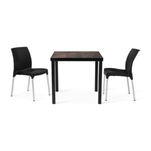 urban rust table with 2 vibe black dining chairs