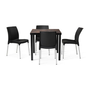 urban rust table with 4 vibe black dining chairs
