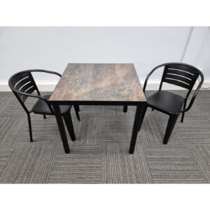 urban rust table with 2 carmen black chairs