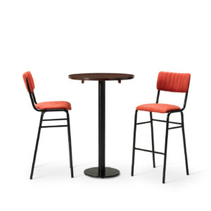 "Bourbon-Bar-Chairs-in-Tabasco-with-Solid-Wood-Walnut-round-top-on-a-Forza-round-poseur-height-base.jpg"