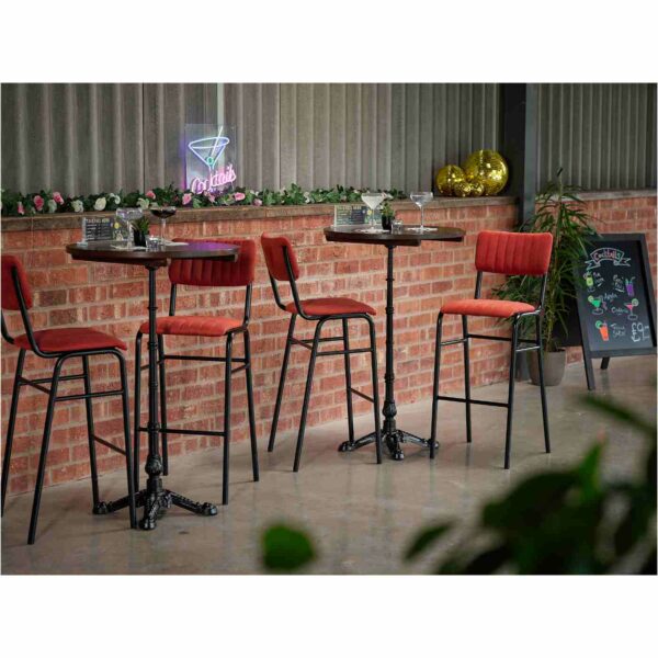 "Bourbon-bar-chairs-in-Tabasco-with-Solid-Wood-Walnut-round-tops-on-Bistro-Poseur-height-bases-2.jpg"